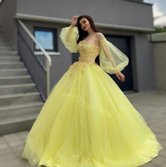 A line Tulle Long Prom Dress, Yellow Ball Gown Evening Dress fg6047 - VelvetHem