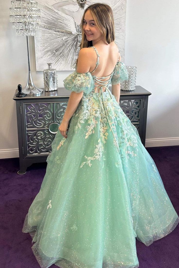 A-Line Appliques Plunge V Long Prom Dress with Detachable Sleeves fg6370 - VelvetHem