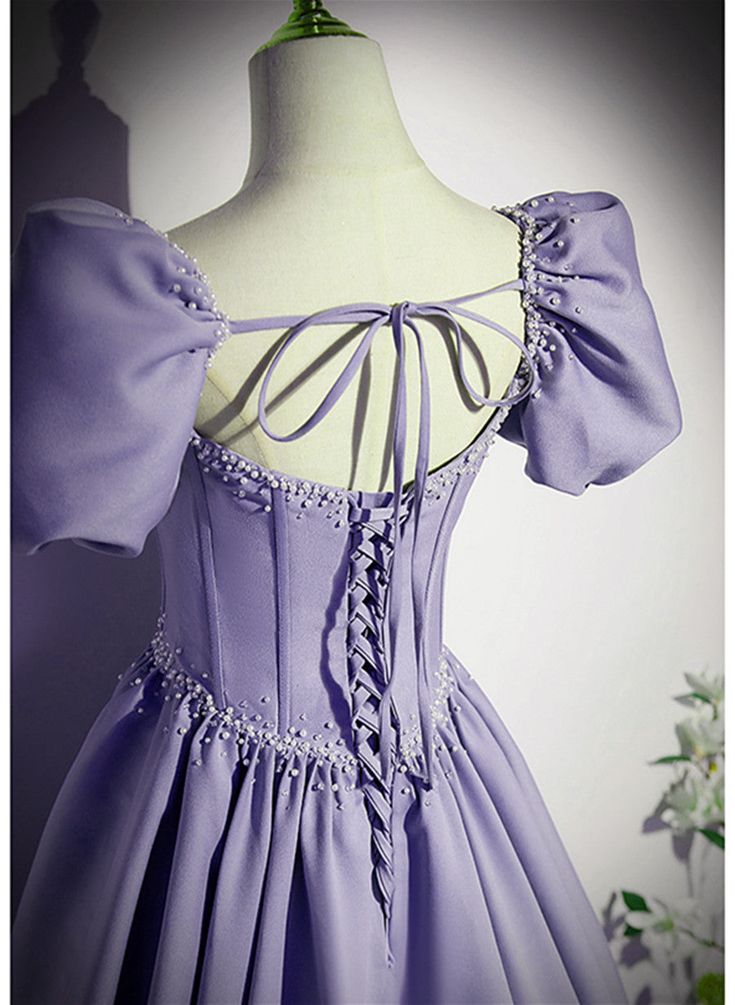 Satin Short Sleeves Beaded Party Dress, A-line Long Prom Dress fg6423 - View 4 | VelvetHem