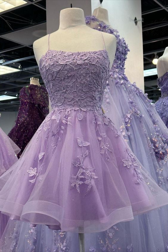 Light Purple Straps Tulle with Lace Party Dress, Light Purple Homecoming Dress fg6037 - View 2 | VelvetHem