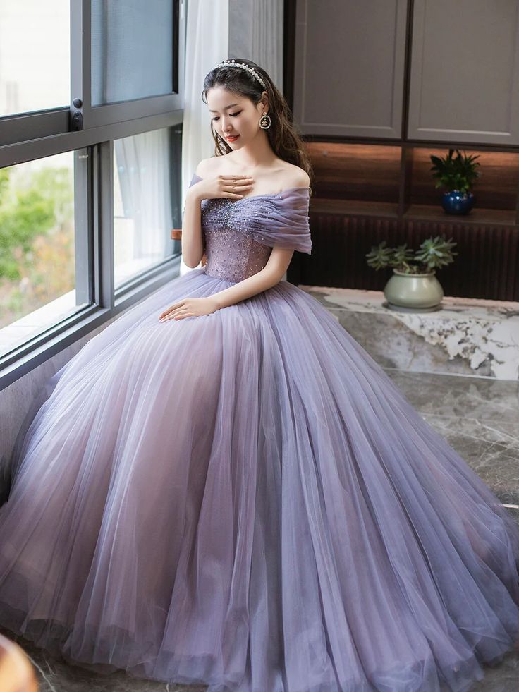 Purple A-Line Off Shoulder Tulle Beading Long Prom Dress fg6712 - View 5 | VelvetHem