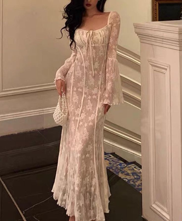 Women's A-line Lace Long Simple Dress, Sexy Elegant Vintage Evening Dress fg6057 - View 4 | VelvetHem
