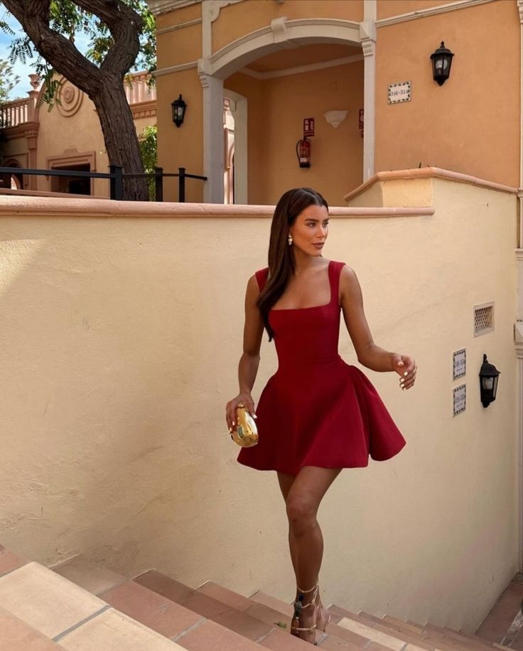 Wine red square neck mini dress sexy high waisted party dress Homecoming Dress fg6010 - View 2 | VelvetHem