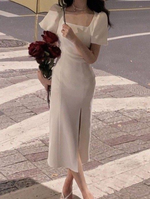 Square Neck Midi Prom Dress, White Evening Party Dress fg6032 - View 2 | VelvetHem