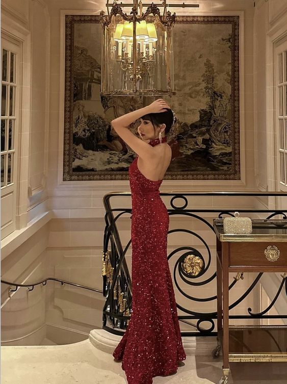 Mermaid Burgundy Halter Sequin Prom Dress, Sequin Evening Dress fg6731 - VelvetHem