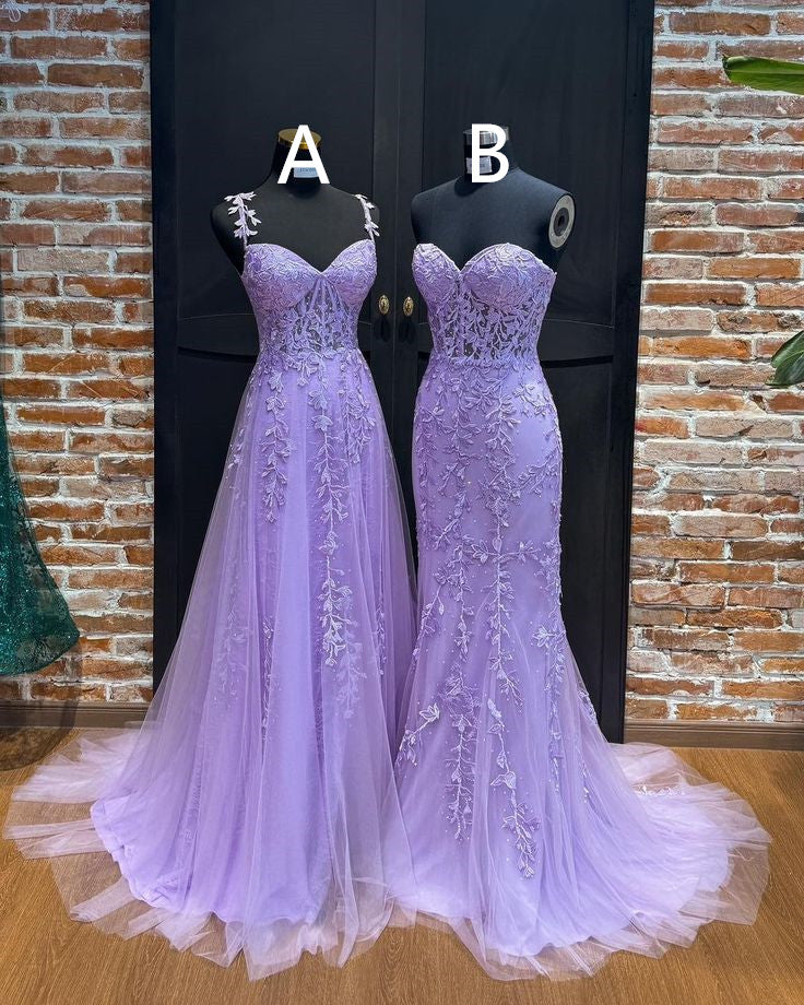 A-line V Neck Sweep Train Tulle Prom Dress with Appliqued Beading - View 2 | VelvetHem