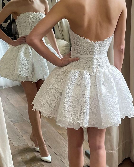 Elegant lace wedding dress for women, pleated white dress - View 2 | VelvetHem
