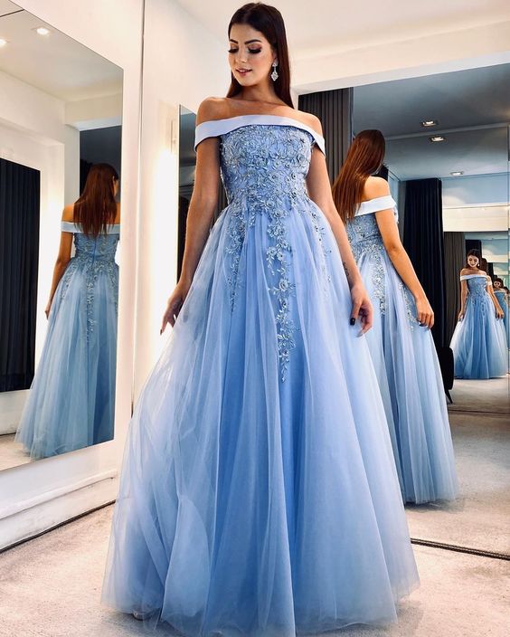 Off the shoulder applique tulle prom dresses beaded long evening dress fg6741 - VelvetHem