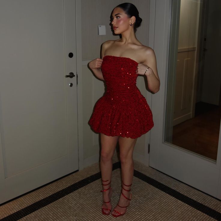 A Line Red Sequin Birthday Outfit Short Evening Dress Short Party Dress Homecoming Dress - VelvetHem