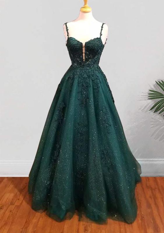 A-line Spaghetti Straps Long/Floor-Length Tulle Prom Dress With Beading Glitter Appliqued fg6754 - VelvetHem