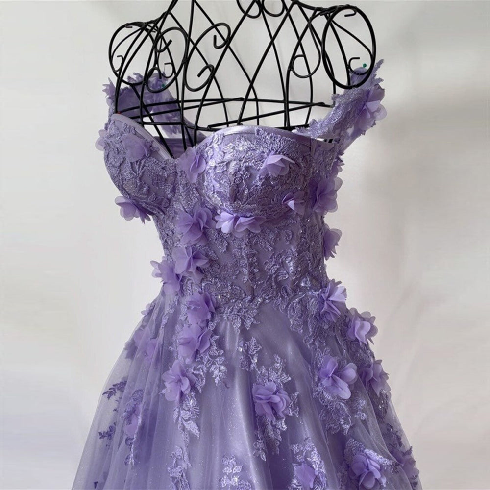 Lilac Sweetheart 3D Flowers Lace Applique Prom Dresses,Tulle Evening Dress