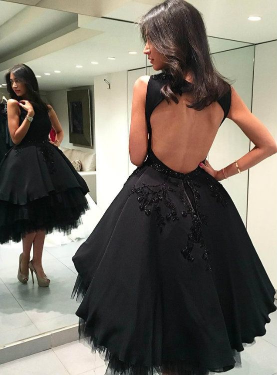 A-Line Black Tulle Backless Knee Length Homecoming Dress fg6131 - VelvetHem