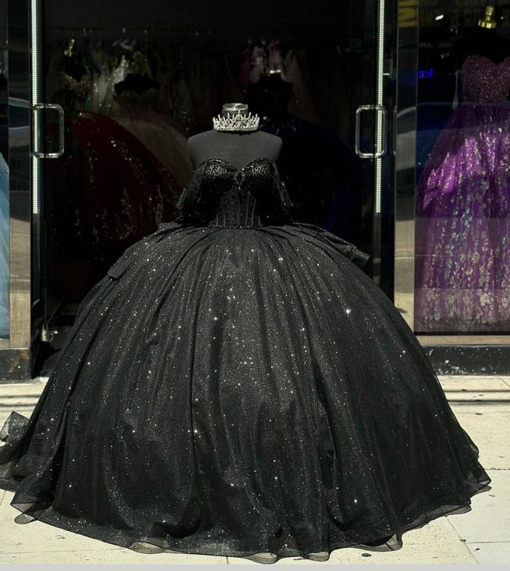 Ball Gown Shiny Black Quinceanera Dress Beaded Crystal Bow Sweet 15 Gowns fg6632 - VelvetHem