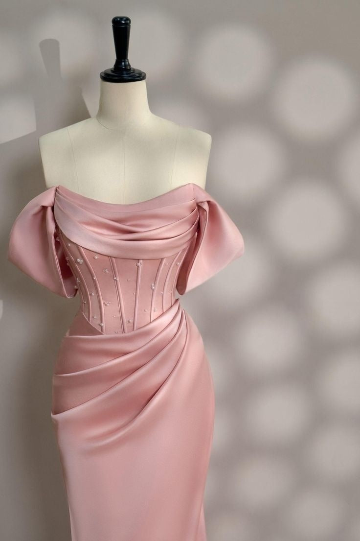 Long Pink Satin Prom Dress Off Shoulder Prom Dress Evening Party Gowns fg7426 - View 2 | VelvetHem