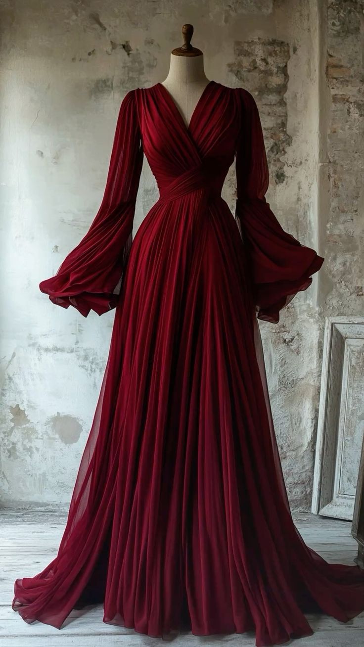 Modest V Neck A-Line Burgundy Chiffon Vintage Long Evening Party Dresses - VelvetHem