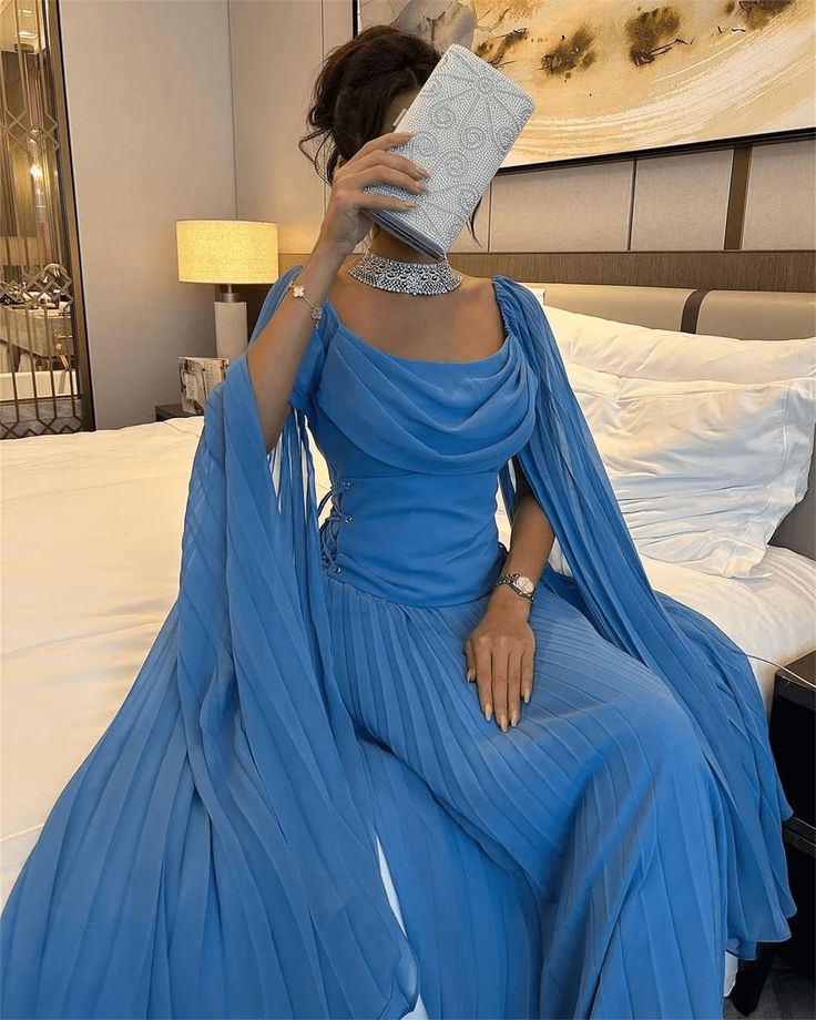 Elegant Blue Chiffon Prom Dresses,A-Line Ankle Length Party Dress fg6434 - VelvetHem
