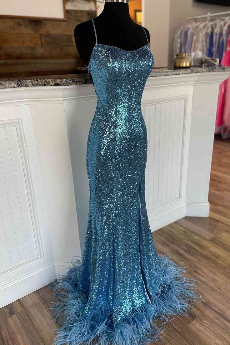 Long Sequined Straps Prom Dress with Feather Hem - VelvetHem