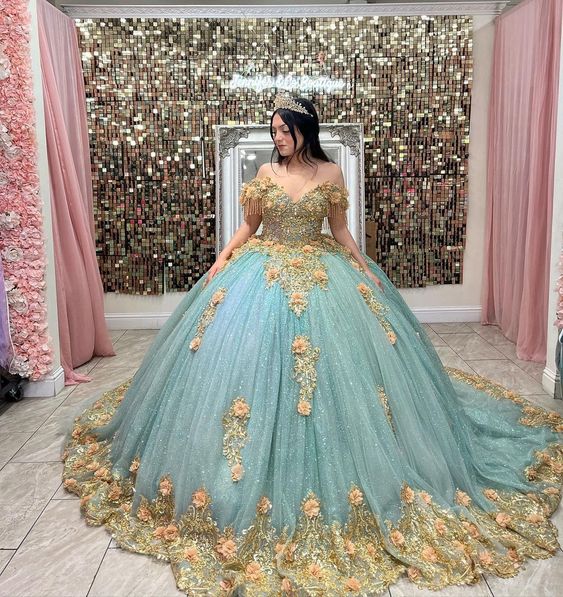 Quinceanera Dresses Off The Shoulder Ball Gown Gold Floral Appliques Handmade Flowers Lace Sweet 15 Party Dresses - VelvetHem