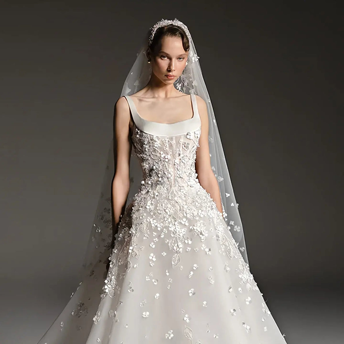 Luxury White Square Neck Beaded Floral Lace Ball Gown Wedding Dress with Veil ZP082 - VelvetHem