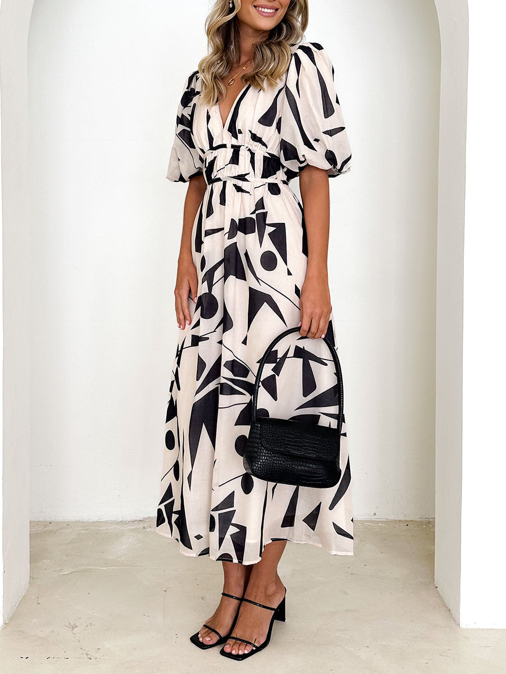 Sakura Midi Dress Beige Geo