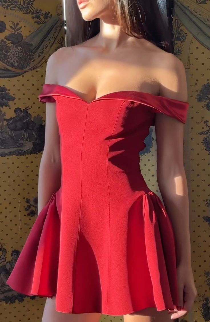 Off the shoulder red evening dress short party gown - VelvetHem