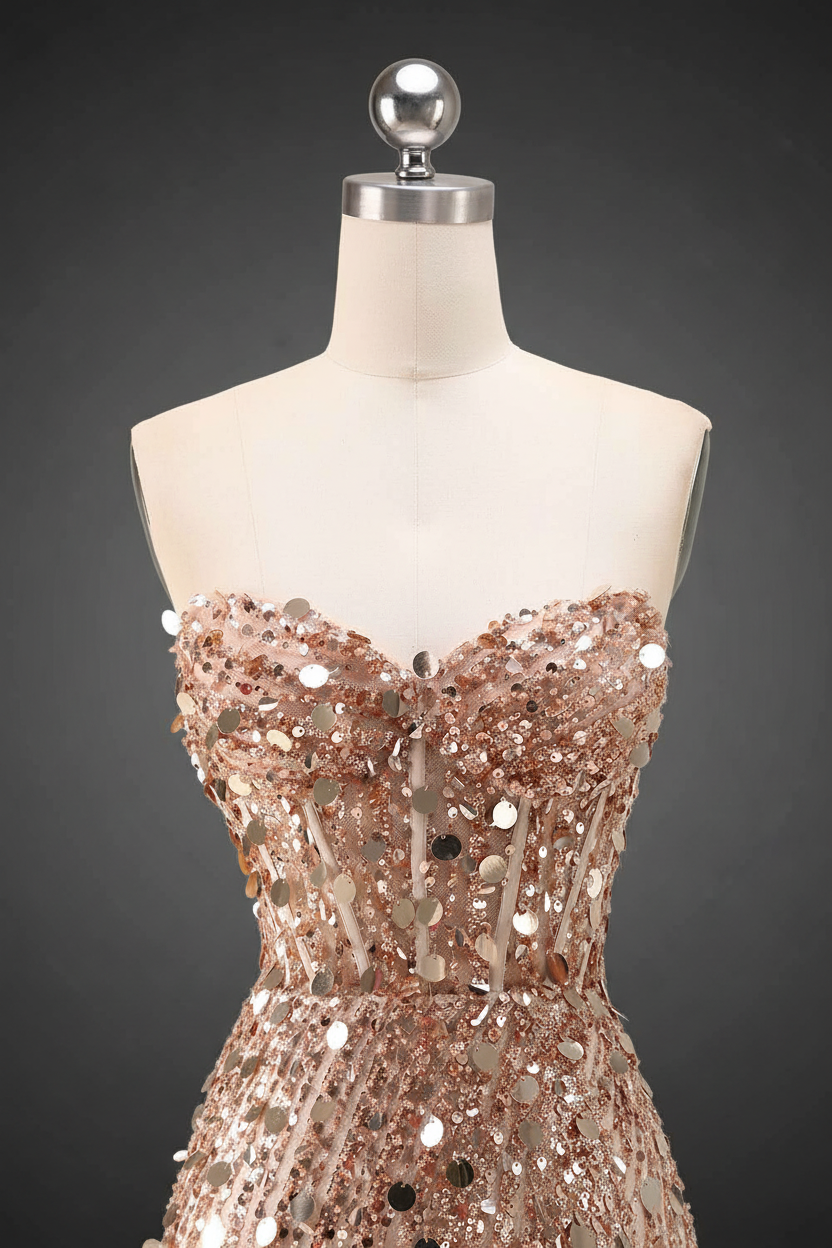 Sparkly Gold Mermaid Sequins Sweetheart Long Corset Prom Dress with Slit (ZD17394)