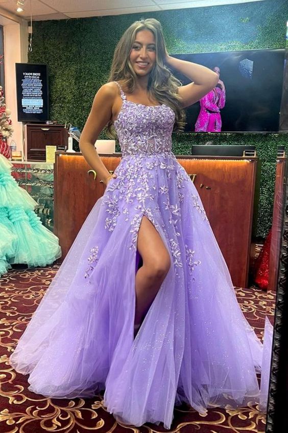 Shiny Purple Lace Long Prom Dress with High Slit, Purple Lace Formal Dress, Purple Evening Dress fg6217 - VelvetHem
