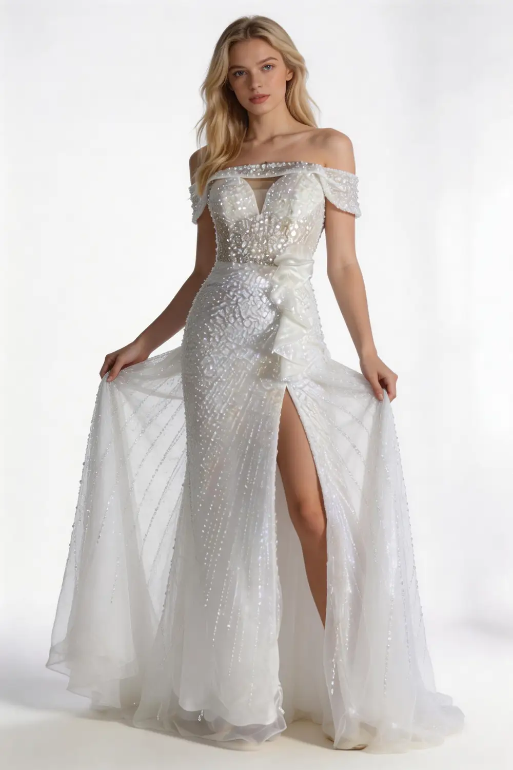 Off The Shoulder Sequin Mermaid Evening Gown With High Slit And Ruffle Detail (ZD17166)
