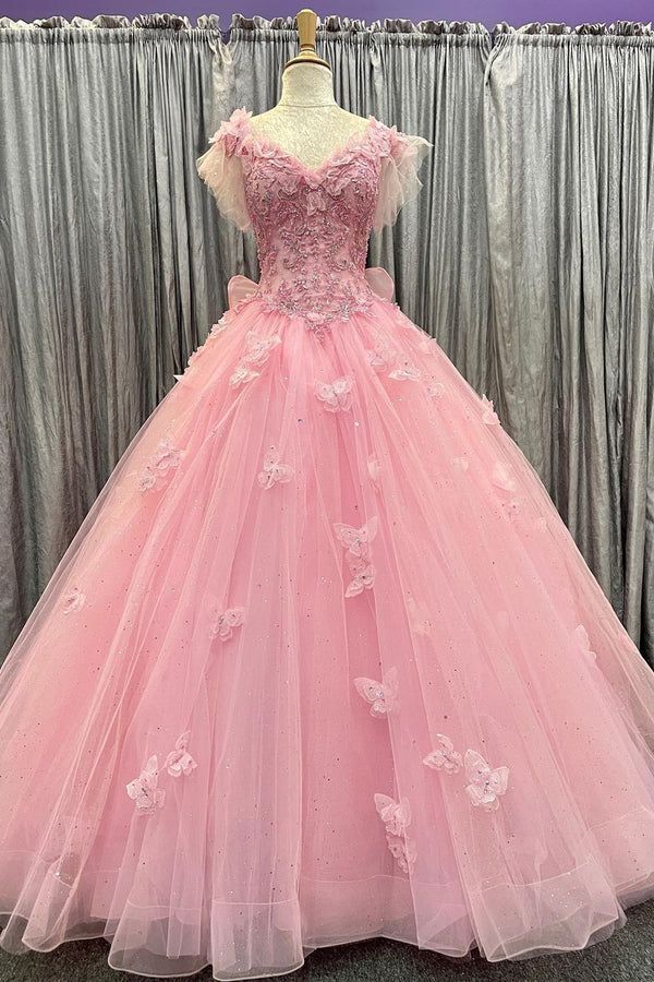 Pink Tulle 3D Floral Lace Bow-Back Ball Gown with Flutter Sleeves fg6489 - VelvetHem