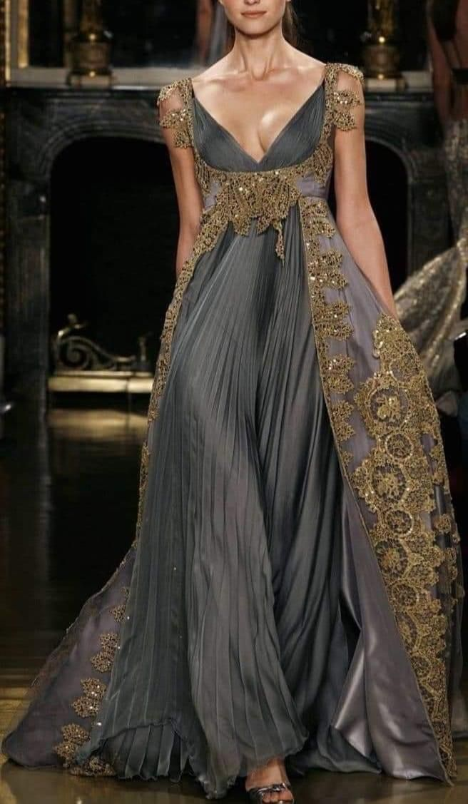 V Neck Dark Gray Evening Dress Classy Gold Lace Long Prom Dress - VelvetHem