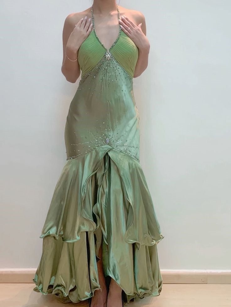 Green Vintage Beaded Long Formal Gown Evening Dress fg6745 - VelvetHem