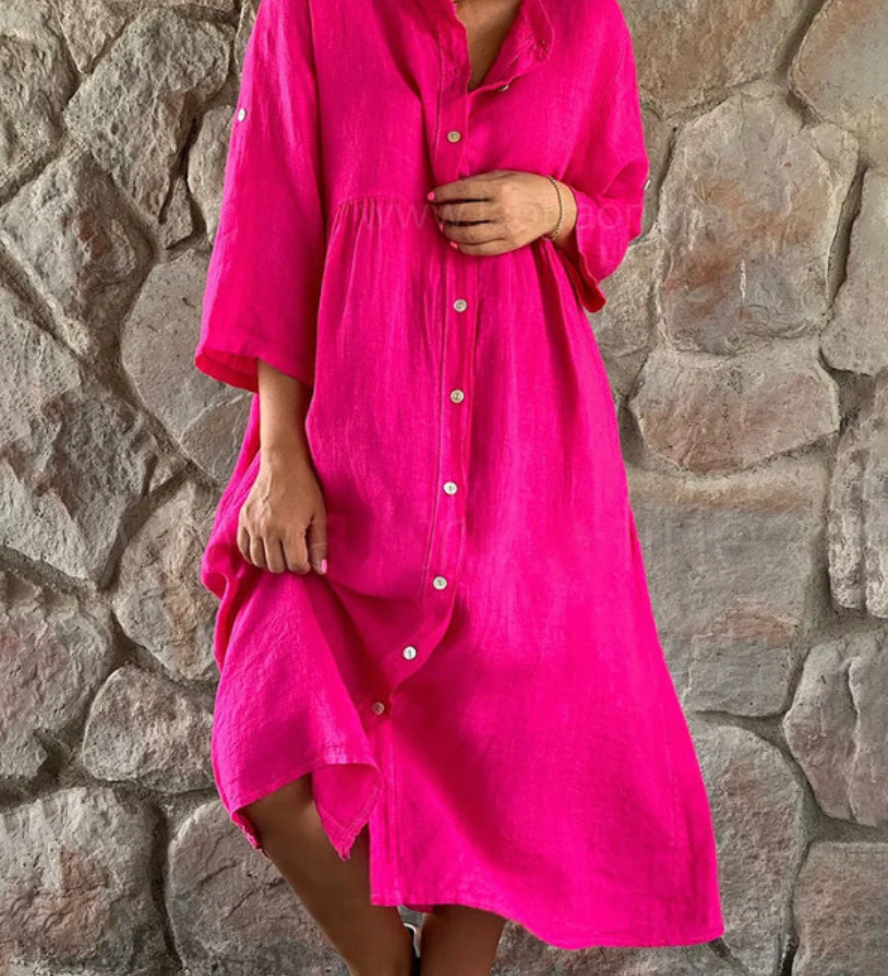 Grecia Chic Casual Long Dress with Button Elevated Occasion Wear