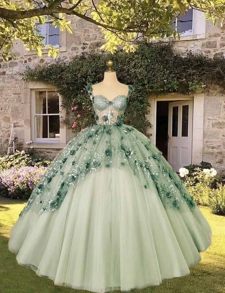 A Line Green Tulle Quinceanera Dress Lace Appliques Ball Gown fg6507 - VelvetHem