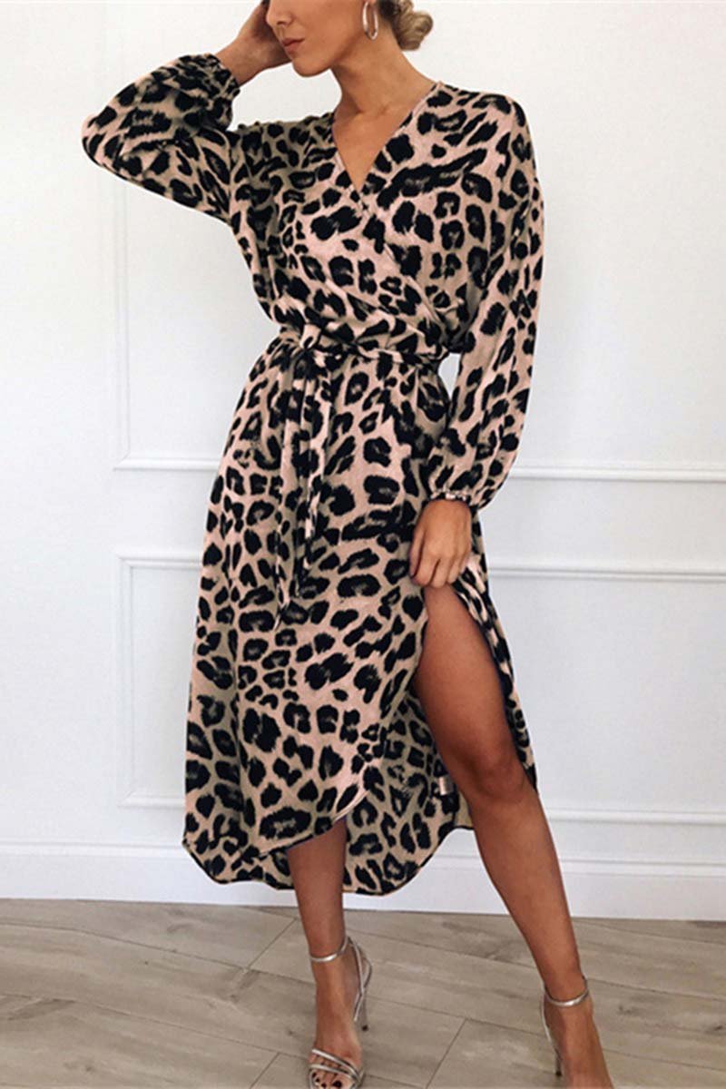 Lucia Minimalist V Neck Midi Dress with Leopard Print Waistband Elevated Occasion Wear