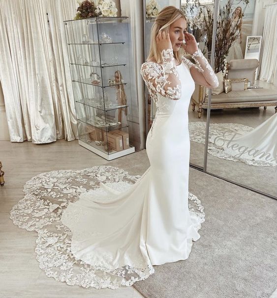 Chapel-length Petal Train Low Back Stretch Crepe Wedding Dress With Long Sleeves fg6562 - VelvetHem