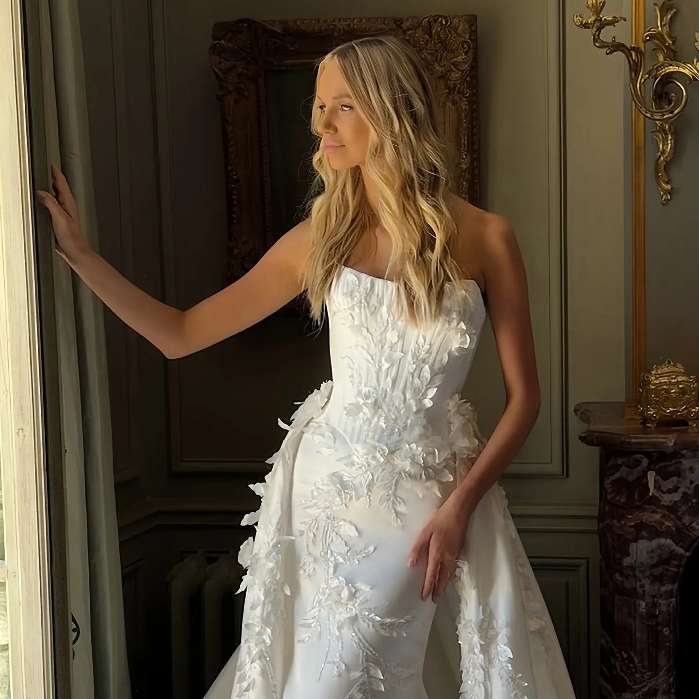 Romantic White Strapless 3D Floral Lace Mermaid Wedding Dress with Overskirt ZP090