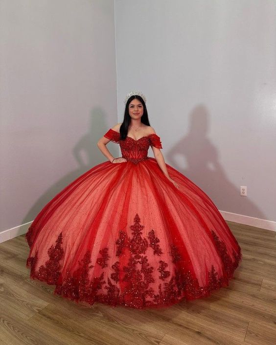 Red Off The Shoulder Ball Gown,Red Sweet 16 Dress,Princess Dress - VelvetHem