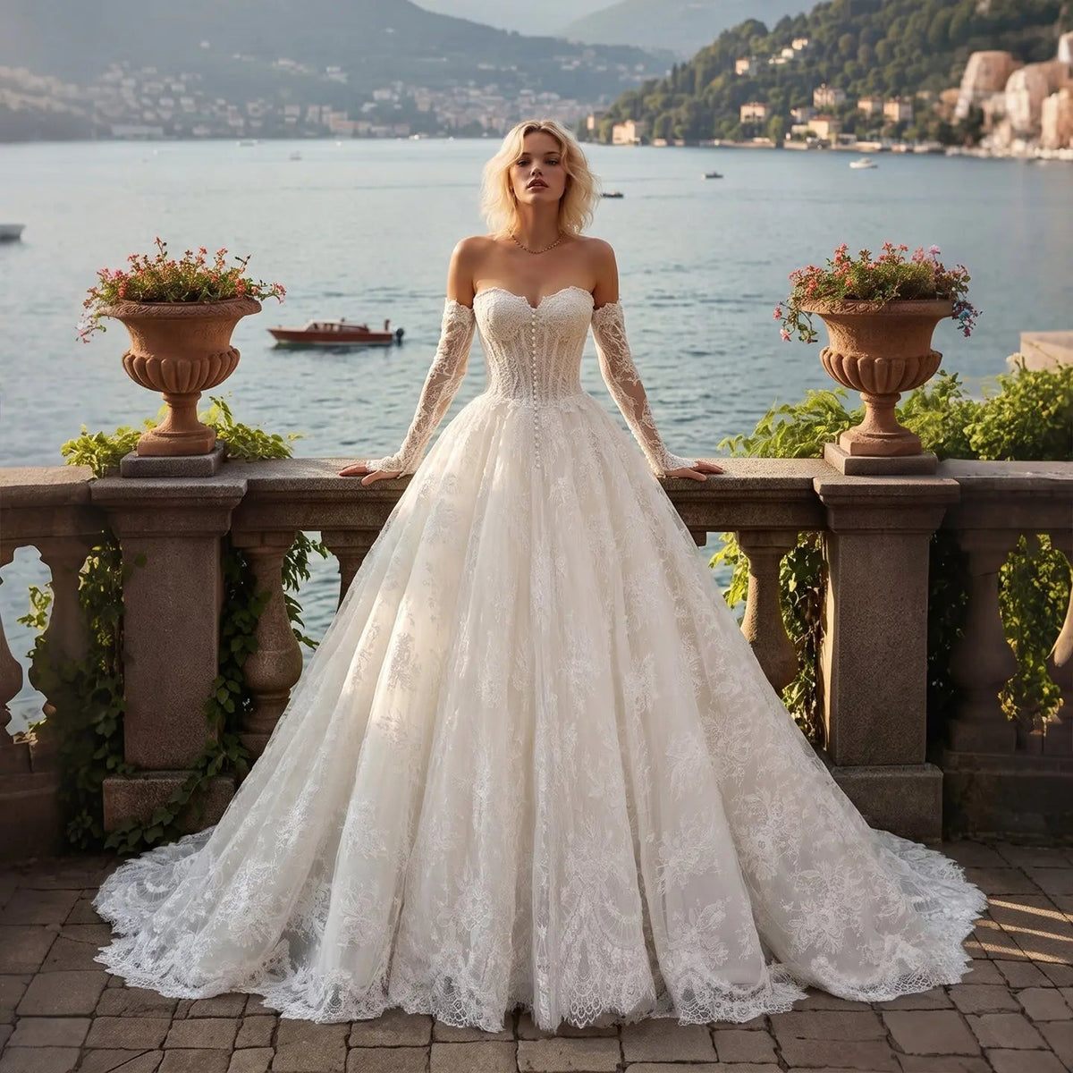 White Floral Lace Ball Gown Wedding Dress with Sweetheart Neckline and Detachable Long Sleeves ZP015 - VelvetHem