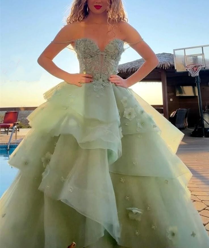 Ball Gown Sage Green Prom Dress Long Tiered Tulle Evening Dress - VelvetHem