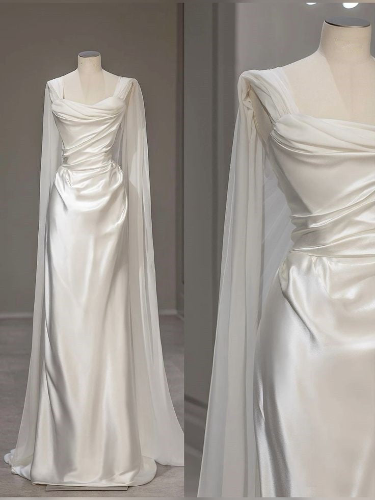 White Satin Pleats Straps Wedding Dress - VelvetHem