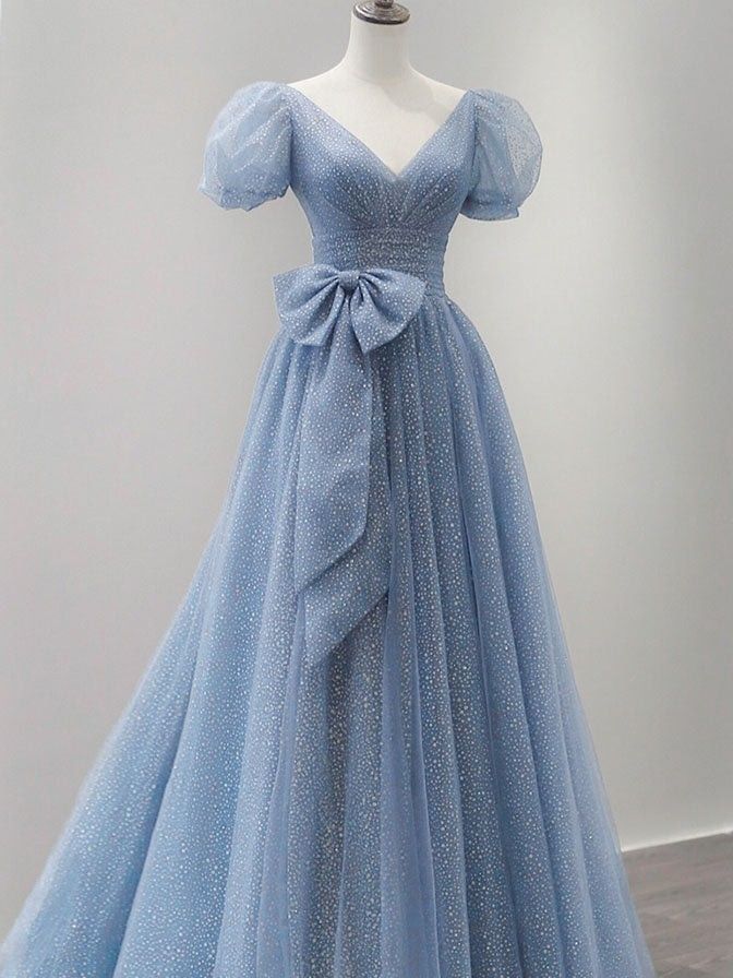 Blue Tulle V Neck Tulle Long Prom Dress, Blue Sweet 16 Dress fg6785 - VelvetHem