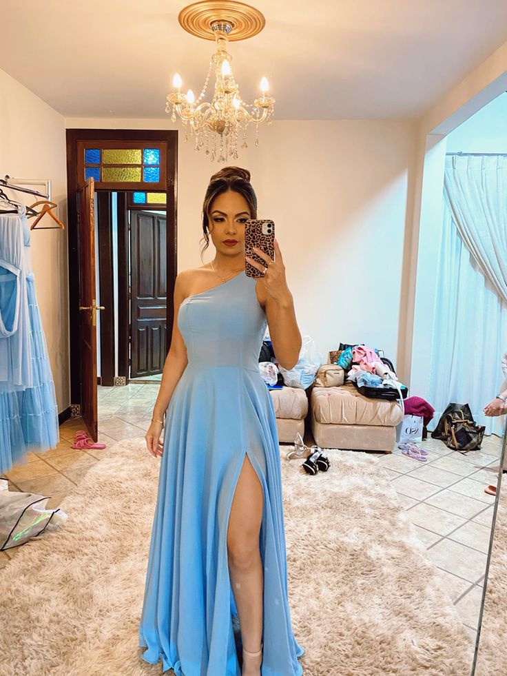 Elegant One Shoulder Blue Prom Dress With Slit,Blue Bridesmaid Dress fg6602 - VelvetHem
