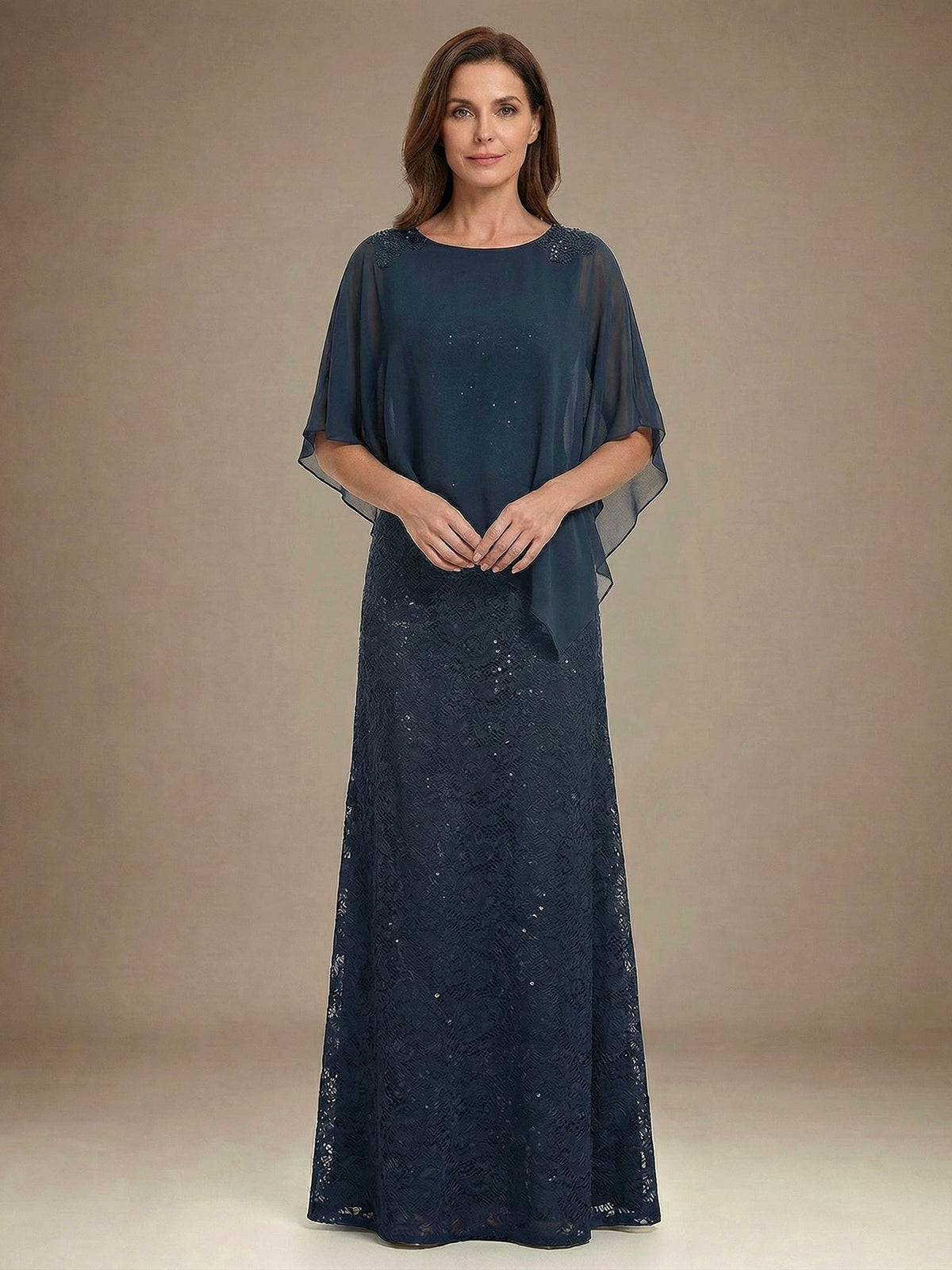 Sheath/Column Scoop Floor-Length Chiffon Lace Mother of the Bride Dress With Sequins Beading - VelvetHem
