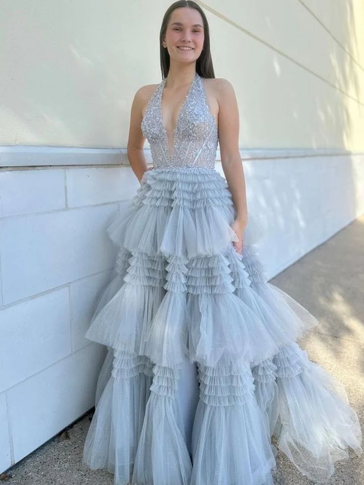 Halter V Neck Open Back Layered Gray Lace Long Prom Dresses, Gray Backless Lace Formal Evening Dresses fg6162 - VelvetHem