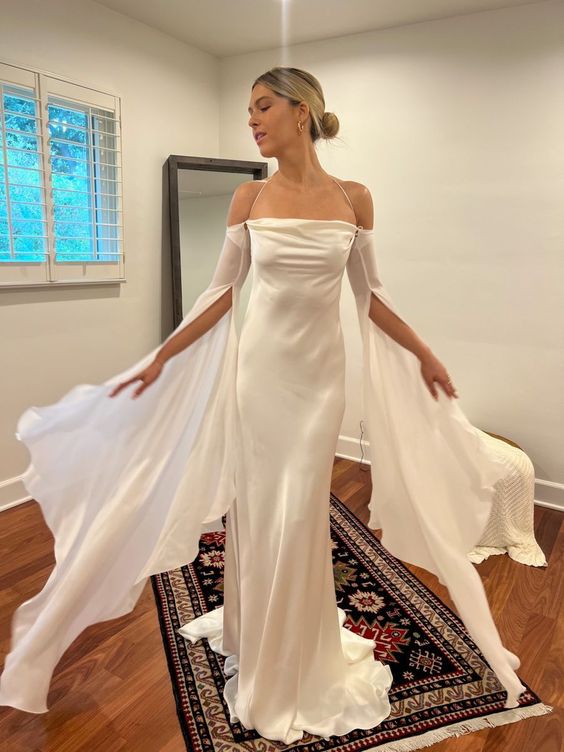 Wedding Dresses Soft Satin Long Floor Length Open Back Simple Bridal Gown With Detachable Flare Sleeves fg6409 - VelvetHem