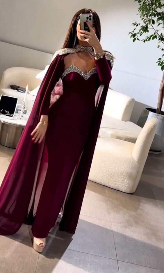 Elegant Middle East Prom Dresses with Chiffon Cape Spaghetti Straps Long Sleeve Evening Gowns Formal Occasion Party Dress fg6411 - VelvetHem