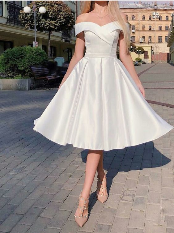 WHITE OFF SHOULDER SATIN PROM DRESS WHITE EVENING DRESS - VelvetHem