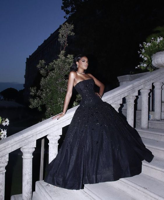 A Line Black Long Prom Dresses, Strapless Evening Party Dress - VelvetHem