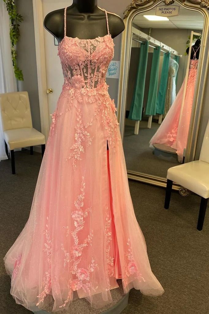 Shiny Straps Pink 3D Floral A-line Long Prom Formal Dress With Slit - View 2 | VelvetHem