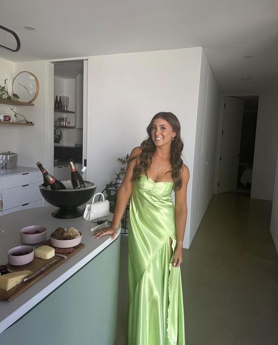 Green Birthday Party Dress Satin A Line Long Prom Dress With Slit - VelvetHem